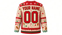 Load image into Gallery viewer, Ugly Christmas Gingerbread Mayhem Hockey Jersey in Cream, back view – cream vanilla body with red yoke, candy-stripe side panels and a white icing-drip hem band – a candy yoke, candy-stripe side panels and sleeve bands, an icing-drip hem stripe band, arched YOUR NAME lettering and a big 00 number – custom name and number