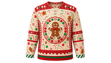 Load image into Gallery viewer, Ugly Christmas Gingerbread Mayhem Hockey Jersey in Cream, front view – cream vanilla body with red yoke, candy-stripe side panels and a white icing-drip hem band – laced V-neck, gumdrop shoulder yoke, gingerbread man crest in a gumdrop wreath, candy-stripe side panels, candy sleeve bands and an icing-drip hem stripe band – custom name and number