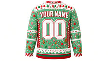 Load image into Gallery viewer, Ugly Christmas Gingerbread Mayhem Hockey Jersey in Mint Green, back view – mint green body with candy-stripe side panels and a white icing-drip hem band – a candy yoke, candy-stripe side panels and sleeve bands, an icing-drip hem stripe band, arched YOUR NAME lettering and a big 00 number – custom name and number