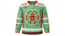 Load image into Gallery viewer, Ugly Christmas Gingerbread Mayhem Hockey Jersey in Mint Green, front view – mint green body with candy-stripe side panels and a white icing-drip hem band – laced V-neck, gumdrop shoulder yoke, gingerbread man crest in a gumdrop wreath, candy-stripe side panels, candy sleeve bands and an icing-drip hem stripe band – custom name and number