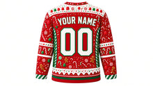 Load image into Gallery viewer, Ugly Christmas Gingerbread Mayhem Hockey Jersey in Peppermint Red, back view – peppermint red body with candy-stripe side panels and a white icing-drip hem band – a candy yoke, candy-stripe side panels and sleeve bands, an icing-drip hem stripe band, arched YOUR NAME lettering and a big 00 number – custom name and number