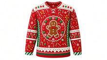Load image into Gallery viewer, Ugly Christmas Gingerbread Mayhem Hockey Jersey in Peppermint Red, front view – peppermint red body with candy-stripe side panels and a white icing-drip hem band – laced V-neck, gumdrop shoulder yoke, gingerbread man crest in a gumdrop wreath, candy-stripe side panels, candy sleeve bands and an icing-drip hem stripe band – custom name and number