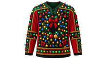 Load image into Gallery viewer, Ugly Christmas Tangled Lights Hockey Jersey in Black, front view – black body with forest-green yoke and cranberry side panels – laced V-neck, bulb-strung shoulder yoke, light-bulb wreath crest with a bow, tinsel-trimmed side panels, bulb and holly sleeve bands and a bulb hem stripe band – custom name and number