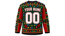 Load image into Gallery viewer, Ugly Christmas Tangled Lights Hockey Jersey in Forest Green, back view – forest green body with black yoke and red side panels – a bulb-strung yoke, tinsel side panels and sleeve bands, a bulb hem stripe band, arched YOUR NAME lettering and a big 00 number – custom name and number