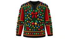 Load image into Gallery viewer, Ugly Christmas Tangled Lights Hockey Jersey in Forest Green, front view – forest green body with black yoke and red side panels – laced V-neck, bulb-strung shoulder yoke, light-bulb wreath crest with a bow, tinsel-trimmed side panels, bulb and holly sleeve bands and a bulb hem stripe band – custom name and number
