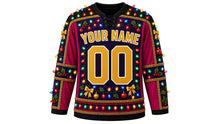 Load image into Gallery viewer, Ugly Christmas Tangled Lights Hockey Jersey in Midnight Purple, back view – midnight purple body with black yoke and magenta-red side panels – a bulb-strung yoke, tinsel side panels and sleeve bands, a bulb hem stripe band, arched YOUR NAME lettering and a big 00 number – custom name and number