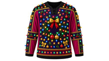 Load image into Gallery viewer, Ugly Christmas Tangled Lights Hockey Jersey in Midnight Purple, front view – midnight purple body with black yoke and magenta-red side panels – laced V-neck, bulb-strung shoulder yoke, light-bulb wreath crest with a bow, tinsel-trimmed side panels, bulb and holly sleeve bands and a bulb hem stripe band – custom name and number