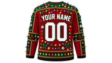 Load image into Gallery viewer, Ugly Christmas Tangled Lights Hockey Jersey in Cranberry Red, back view – cranberry red body with green yoke and black side panels – a bulb-strung yoke, tinsel side panels and sleeve bands, a bulb hem stripe band, arched YOUR NAME lettering and a big 00 number – custom name and number