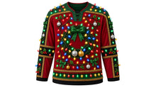Load image into Gallery viewer, Ugly Christmas Tangled Lights Hockey Jersey in Cranberry Red, front view – cranberry red body with green yoke and black side panels – laced V-neck, bulb-strung shoulder yoke, light-bulb wreath crest with a bow, tinsel-trimmed side panels, bulb and holly sleeve bands and a bulb hem stripe band – custom name and number