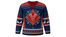 Load image into Gallery viewer, Ugly Christmas Reindeer Riot Hockey Jersey in Navy, front view – navy body with red yoke and side panels – laced V-neck, fair-isle shoulder yoke, antlered reindeer-head crest, pine side panels, reindeer elbow bands and a pine-tree hem stripe band – custom name and number