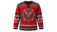 Load image into Gallery viewer, Ugly Christmas Reindeer Riot Hockey Jersey in Red, front view – red body with evergreen yoke and side panels – laced V-neck, fair-isle shoulder yoke, antlered reindeer-head crest, pine side panels, reindeer elbow bands and a pine-tree hem stripe band – custom name and number