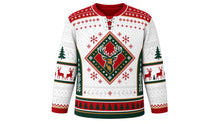 Load image into Gallery viewer, Ugly Christmas Reindeer Riot Hockey Jersey in Snow White, front view – snow white body with red yoke and green side panels – laced V-neck, fair-isle shoulder yoke, antlered reindeer-head crest, pine side panels, reindeer elbow bands and a pine-tree hem stripe band – custom name and number