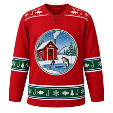Load image into Gallery viewer, Ugly Christmas Ice Fishing Cabin Hockey Jersey in Cabin Red, front view – cabin red body with a fish-and-snowflake yoke with a round crest of a red ice-fishing shack with a wreath and smoking stovepipe on a frozen lake, a rod over an ice hole and a leaping fish among snowy pines, plus fish, hook, pine and snowflake bands – custom name and number