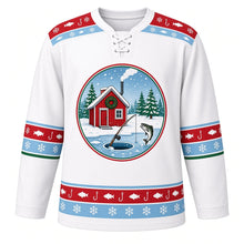 Load image into Gallery viewer, Ugly Christmas Ice Fishing Cabin Hockey Jersey in Arctic White, front view – arctic white body with a fish-and-snowflake yoke with a round crest of a red ice-fishing shack with a wreath and smoking stovepipe on a frozen lake, a rod over an ice hole and a leaping fish among snowy pines, plus fish, hook, pine and snowflake bands – custom name and number