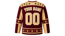Load image into Gallery viewer, Ugly Christmas Jingle Bell Jam Hockey Jersey in Burgundy Wine, back view with a bell and holly yoke, bell and ribbon sleeve bands, bell hem band, arched YOUR NAME lettering and 00 – custom name and number