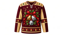 Load image into Gallery viewer, Ugly Christmas Jingle Bell Jam Hockey Jersey in Burgundy Wine, front view – burgundy wine body with champagne-gold yoke with a round gold-and-silver jingle bell crest with red bow, holly and music notes, bell yoke, bell and ribbon sleeve bands and a bell hem band – custom name and number