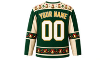 Load image into Gallery viewer, Ugly Christmas Jingle Bell Jam Hockey Jersey in Holly Green, back view with a bell and holly yoke, bell and ribbon sleeve bands, bell hem band, arched YOUR NAME lettering and 00 – custom name and number