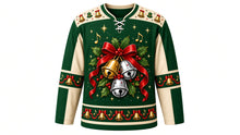 Load image into Gallery viewer, Ugly Christmas Jingle Bell Jam Hockey Jersey in Holly Green, front view – holly green body with cream yoke with a round gold-and-silver jingle bell crest with red bow, holly and music notes, bell yoke, bell and ribbon sleeve bands and a bell hem band – custom name and number