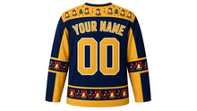 Load image into Gallery viewer, Ugly Christmas Jingle Bell Jam Hockey Jersey in Midnight Navy, back view with a bell and holly yoke, bell and ribbon sleeve bands, bell hem band, arched YOUR NAME lettering and 00 – custom name and number