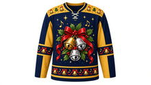 Load image into Gallery viewer, Ugly Christmas Jingle Bell Jam Hockey Jersey in Midnight Navy, front view – midnight navy body with gold yoke with a round gold-and-silver jingle bell crest with red bow, holly and music notes, bell yoke, bell and ribbon sleeve bands and a bell hem band – custom name and number