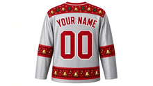 Load image into Gallery viewer, Ugly Christmas Jingle Bell Jam Hockey Jersey in Silver Gray, back view with a bell and holly yoke, bell and ribbon sleeve bands, bell hem band, arched YOUR NAME lettering and 00 – custom name and number
