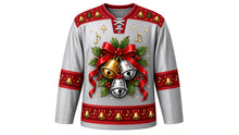 Load image into Gallery viewer, Ugly Christmas Jingle Bell Jam Hockey Jersey in Silver Gray, front view – silver gray body with red yoke with a round gold-and-silver jingle bell crest with red bow, holly and music notes, bell yoke, bell and ribbon sleeve bands and a bell hem band – custom name and number