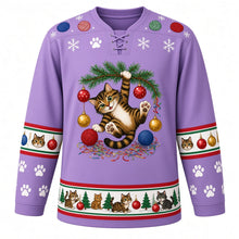 Load image into Gallery viewer, Ugly Christmas Kitty Ornament Chaos Hockey Jersey in Lavender Purple, front view – lavender purple body with a tabby cat dangling from a pine branch batting baubles above tangled tinsel and yarn balls, paw-print yoke, cat-face sleeve bands and a cats-and-pines hem band – custom name and number