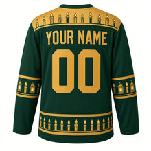Load image into Gallery viewer, Ugly Christmas Candlelit Lanterns Hockey Jersey in Spruce Green, back view with lantern gold yoke lined with lit candles, lantern and candle sleeve bands and a hem row of glowing candles, arched YOUR NAME and 00 – your name and number