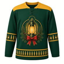 Load image into Gallery viewer, Ugly Christmas Candlelit Lanterns Hockey Jersey in Spruce Green, front view – spruce green body, glowing brass lantern with a lit candle, pine boughs, holly berries and a red bow on the chest, plain lantern gold yoke, lantern and candle sleeve bands and a hem row of lit candles – custom name and number