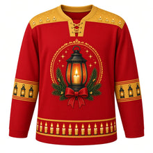 Load image into Gallery viewer, Ugly Christmas Candlelit Lanterns Hockey Jersey in Holly Red, front view – holly red body, glowing lantern with a lit candle in a gold starry ring with pine boughs and a red bow on the chest, lantern gold candle yoke, little lantern sleeve bands and a hem row of lit candles – custom name and number