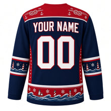 Load image into Gallery viewer, Ugly Christmas Snowy Lighthouse Coast Hockey Jersey in Harbor Navy, back view with a red rope-knot and anchor yoke, navy lighthouse-and-snowflake sleeve bands, a red lighthouse and wave hem band, white YOUR NAME and 00 – your name and number