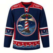 Load image into Gallery viewer, Ugly Christmas Snowy Lighthouse Coast Hockey Jersey in Harbor Navy, front view – round crest of a red and white striped lighthouse wrapped in Christmas lights, its beam shining over crashing waves on a rocky islet under a starry sky, topped by a holly garland with a red bow, red rope-knot and anchor yoke, lighthouse sleeve bands and a red wave hem band – custom name and number