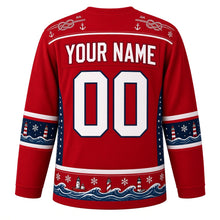 Load image into Gallery viewer, Ugly Christmas Snowy Lighthouse Coast Hockey Jersey in Beacon Red, back view with a rope-knot and anchor yoke, navy star side panels, lighthouse and wave sleeve bands, a wave hem band, white YOUR NAME and 00 – your name and number