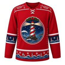 Load image into Gallery viewer, Ugly Christmas Snowy Lighthouse Coast Hockey Jersey in Beacon Red, front view – striped lighthouse strung with colored lights on a rocky point with a breaking wave and night stars, crowned with a holly garland and bow, rope and anchor yoke, navy lighthouse sleeve bands and a lighthouse, boat and wave hem band – custom name and number