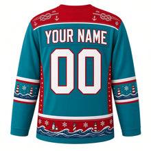 Load image into Gallery viewer, Ugly Christmas Snowy Lighthouse Coast Hockey Jersey in Sea Glass Teal, back view with a red rope and anchor yoke, teal lighthouse sleeve bands, red starry side panels, a lighthouse and wave hem band, white YOUR NAME and 00 – your name and number