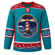 Load image into Gallery viewer, Ugly Christmas Snowy Lighthouse Coast Hockey Jersey in Sea Glass Teal, front view – holly-topped round crest of a candy-striped lighthouse in string lights beaming over a stormy night sea, red anchor and rope yoke, teal lighthouse-and-wave sleeve bands, red starry side panels and a red snowflake and wave hem band – custom name and number