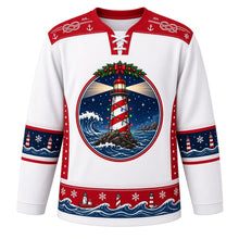 Load image into Gallery viewer, Ugly Christmas Snowy Lighthouse Coast Hockey Jersey in Snowdrift White, front view – red and white lighthouse wrapped in Christmas lights on a rocky shore under a starry navy sky, holly garland crest, red rope-knot yoke with anchors, navy lighthouse sleeve bands and a red lighthouse and wave hem band – custom name and number