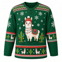 Load image into Gallery viewer, Ugly Christmas Festive Llama Fiesta Hockey Jersey in Evergreen, front view – evergreen body and a free-standing scene of a white llama in a red pom-pom beanie, string lights and a striped blanket between ornament-hung cacti with a zigzag woven-blanket yoke and sleeve bands of tiny llamas and cacti – custom name and number
