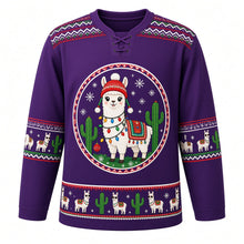 Load image into Gallery viewer, Ugly Christmas Festive Llama Fiesta Hockey Jersey in Sugarplum Purple, front view – sugarplum purple body and a round crest of a white llama in a red pom-pom beanie, string lights and a striped blanket between ornament-hung cacti with a zigzag woven-blanket yoke and sleeve bands of tiny llamas and cacti – custom name and number