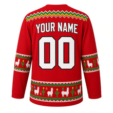 Load image into Gallery viewer, Ugly Christmas Festive Llama Fiesta Hockey Jersey in Fiesta Red, back view with a zigzag woven-blanket yoke, llama and cactus sleeve bands, a llama, cactus and ornament hem band, arched YOUR NAME lettering and 00 – custom name and number