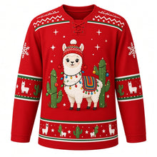 Load image into Gallery viewer, Ugly Christmas Festive Llama Fiesta Hockey Jersey in Fiesta Red, front view – fiesta red body and a free-standing scene of a white llama in a red pom-pom beanie, string lights and a striped blanket between ornament-hung cacti with a zigzag woven-blanket yoke and sleeve bands of tiny llamas and cacti – custom name and number
