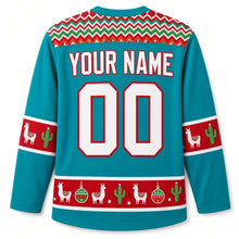 Load image into Gallery viewer, Ugly Christmas Festive Llama Fiesta Hockey Jersey in Turquoise Teal, back view with a zigzag woven-blanket yoke, llama and cactus sleeve bands, a llama, cactus and ornament hem band, arched YOUR NAME lettering and 00 – custom name and number