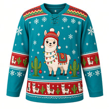 Load image into Gallery viewer, Ugly Christmas Festive Llama Fiesta Hockey Jersey in Turquoise Teal, front view – turquoise teal body and a free-standing scene of a white llama in a red pom-pom beanie, string lights and a striped blanket between ornament-hung cacti with a zigzag woven-blanket yoke and sleeve bands of tiny llamas and cacti – custom name and number