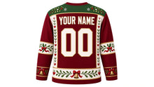 Load image into Gallery viewer, Ugly Christmas Mistletoe Kiss Hockey Jersey in Burgundy, back view with a mistletoe-and-berry yoke, mistletoe and ribbon sleeve bands, ribbon-and-bell hem band, YOUR NAME lettering and 00 – custom name and number