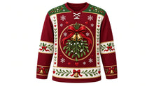 Load image into Gallery viewer, Ugly Christmas Mistletoe Kiss Hockey Jersey in Burgundy, front view – burgundy red body with a round giant-mistletoe, red-ribbon and gold-bell crest, mistletoe yoke, mistletoe and ribbon sleeve bands and a ribbon-and-bell hem band – custom name and number
