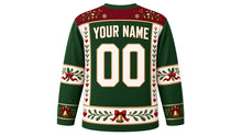 Load image into Gallery viewer, Ugly Christmas Mistletoe Kiss Hockey Jersey in Mistletoe Green, back view with a mistletoe-and-berry yoke, mistletoe and ribbon sleeve bands, ribbon-and-bell hem band, YOUR NAME lettering and 00 – custom name and number