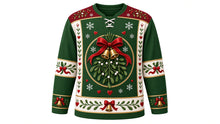 Load image into Gallery viewer, Ugly Christmas Mistletoe Kiss Hockey Jersey in Mistletoe Green, front view – mistletoe forest green body with a round giant-mistletoe, red-ribbon and gold-bell crest, mistletoe yoke, mistletoe and ribbon sleeve bands and a ribbon-and-bell hem band – custom name and number