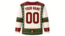 Load image into Gallery viewer, Ugly Christmas Mistletoe Kiss Hockey Jersey in Ivory, back view with a mistletoe-and-berry yoke, mistletoe and ribbon sleeve bands, ribbon-and-bell hem band, YOUR NAME lettering and 00 – custom name and number