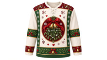 Load image into Gallery viewer, Ugly Christmas Mistletoe Kiss Hockey Jersey in Ivory, front view – warm ivory body with a round giant-mistletoe, red-ribbon and gold-bell crest, mistletoe yoke, mistletoe and ribbon sleeve bands and a ribbon-and-bell hem band – custom name and number
