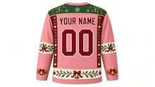 Load image into Gallery viewer, Ugly Christmas Mistletoe Kiss Hockey Jersey in Blush Pink, back view with a mistletoe-and-berry yoke, mistletoe and ribbon sleeve bands, ribbon-and-bell hem band, YOUR NAME lettering and 00 – custom name and number